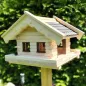 Preview: vogelhaus-heidi-mit-grauen-bitumenschindeln -dunkelbraun-gebeizten-tuer-und-fensterzargen-boden-mit-zaun-im-garten Preview: vogelhaus-heidi-mit-grauen-bitumenschindeln -dunkelbraun-gebeizten-tuer-und-fensterzargen-boden-mit-zaun-im-garten
